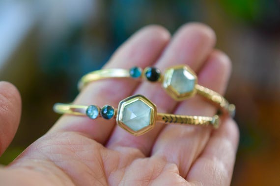 Prehnite and Tourmaline Cuff-Bangle Bracelet, Gold or Silver Gemstone Cuff Bracelet, Bohemian Layering Bracelet, Adjustable Brass Cuff