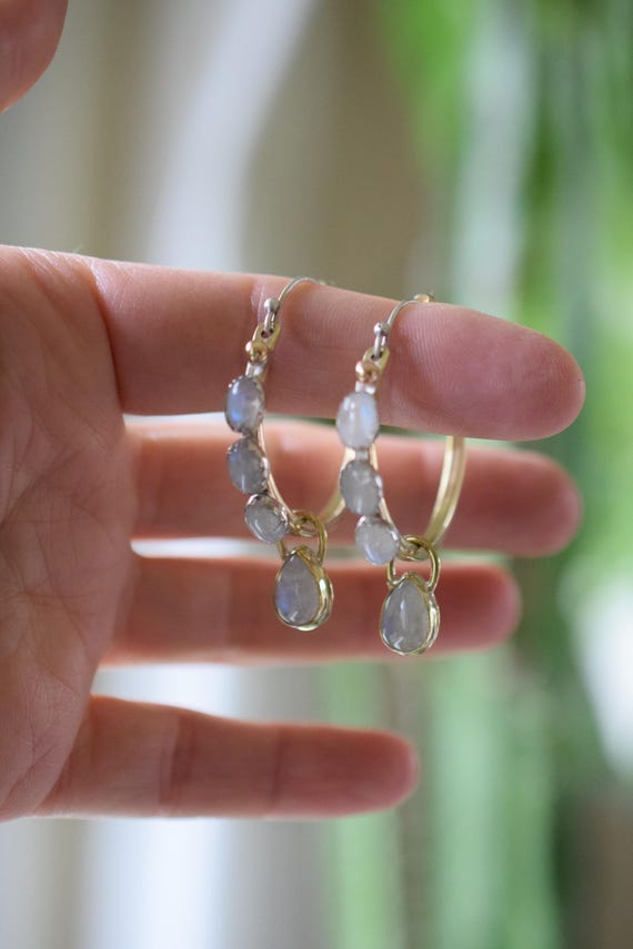 Rainbow Moonstone Hoop Earring: Silver or Brass, Boho Jewelry, Gold Hoop Earring, Silver Hoop Earring, Everyday Earring, Natural Gemstone
