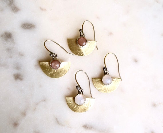 Moonstone Earrings Half Moon Gold or Silver Bohemian Jewelry Modern Jewelry Dangle Earrings Natural Stone Everyday Earrings Holiday Gifts