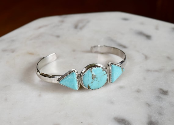 Turquoise or Moonstone Cuff Bracelet Sterling Silver Triangle Multi Stone Boho Bracelet Natural Stone Recycled Silver OOAK Jewelry Unisex