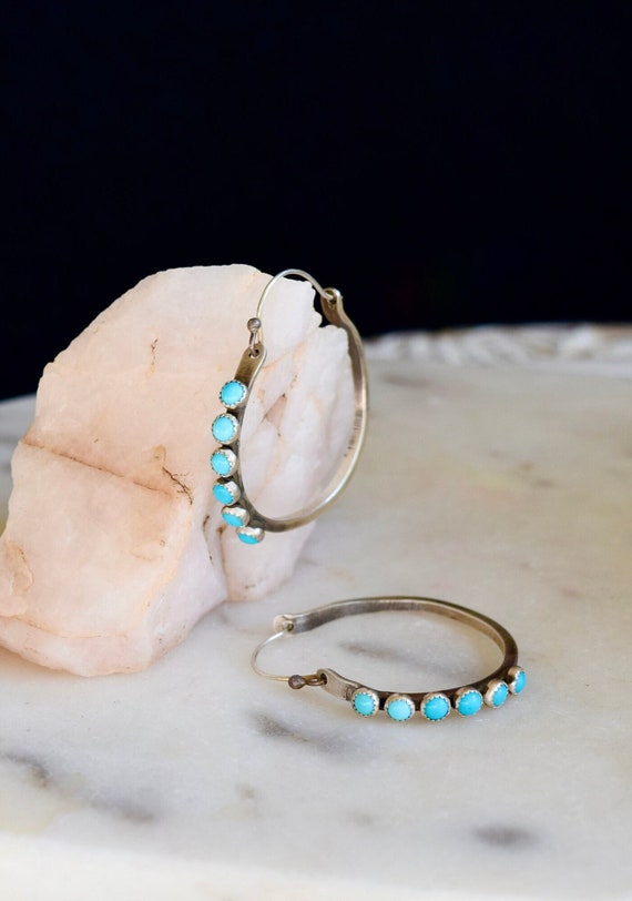 Turquoise Hoop Earring, Sterling Silver Hoops with Turquoise, Everyday Earrings, Boho Jewelry, Natural Gemstone Earring, Birthstone Earrings