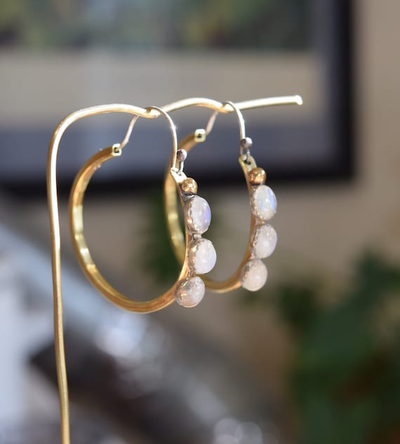 Moonstone Hoop Earring, Gold Hoop Earring, Sterling Silver Hoop Earrings, Everyday Earrings, Boho Jewelry Natural Gemstone Statement Earring