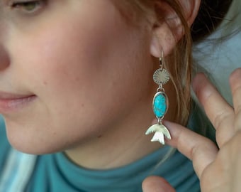 Turquoise Bird Earring Turquoise Drop Earring Maximalist Earring Big Dangle Earring Festival Earrings Sterling Silver Turquoise Earring