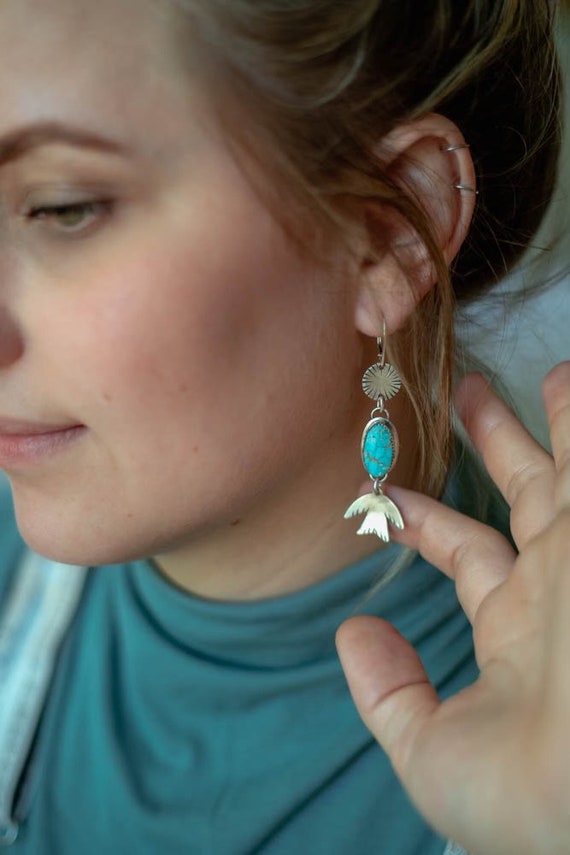 Turquoise Bird Earring Turquoise Drop Earring Maximalist Earring Big Dangle Earring Festival Earrings Sterling Silver Turquoise Earring