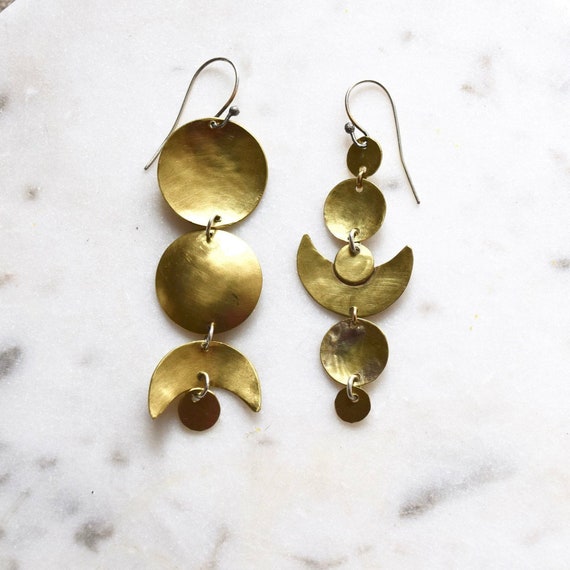 Moon Phases Earrings Brass Silver Celestial Boho Statement Large Earrings Big Earrings Circles Geometric Crescent Gifts for Her Mismatched