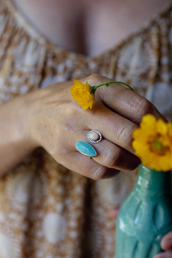 Opal Turquoise Ring Silver Gold Cuff Ring Adjustable Opal Ring Turquoise Ring Custom Jewelry Bohemian Natural Gemstone Birthstone Unique