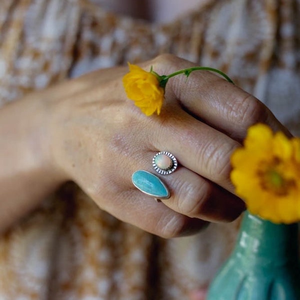 Opal Turquoise Ring Silver Gold Cuff Ring Adjustable Opal Ring Turquoise Ring Custom Jewelry Bohemian Natural Gemstone Birthstone Unique