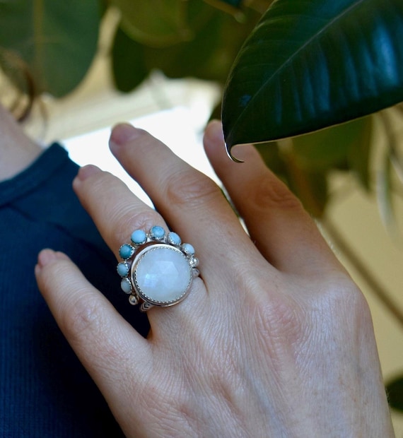 Moonstone and Turquoise Stacking Ring Set, Sterling Silver Statement Ring, Gemstone Stackable Ring, Alternative Engagement Ring,