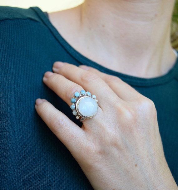 Moonstone Turquoise Crown Ring, Labradorite Ring, Multi Stone Boho Ring, Halo Ring, Natural Gemstone Ring, Layering Ring, Rose Cut Gemstone