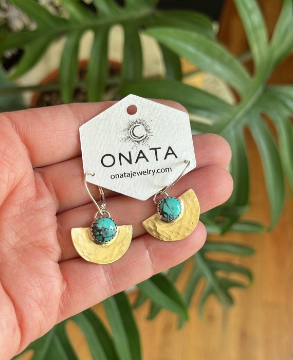 Gold or Silver Half Moon Dangle Earrings with Moonstone or Turquoise, Handmade Celestial Earring, Boho Jewelry, Natural Gemstone Jewelry