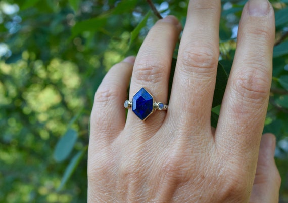 Lapis Lazuli Ring Gold and Silver, Lapis Moonstone Ring, Hexagon Ring, Blue Stone Ring, Natural Stone Jewelry, Alternative Wedding Ring