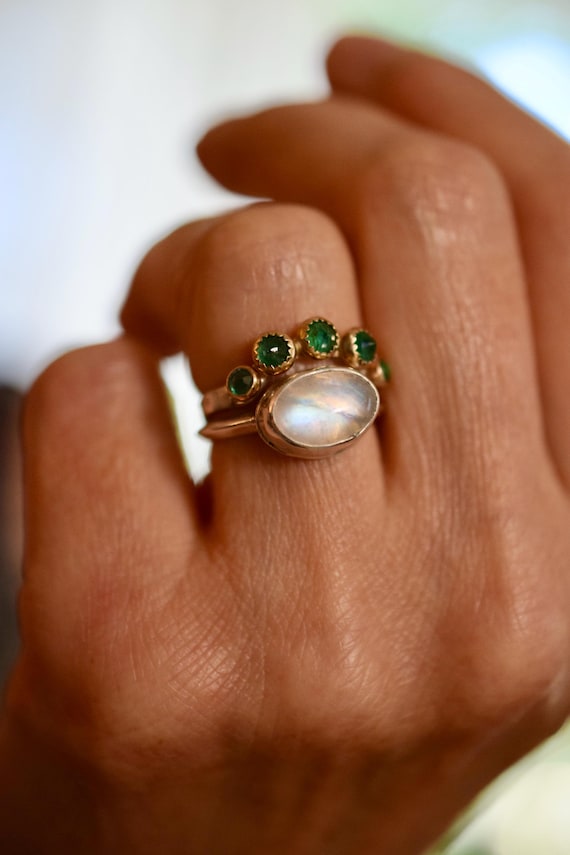 Moonstone and Emerald Stacking Ring Set in 14k Gold or Silver: Halo Ring, Natural Gemstone Engagement Ring, Solid Gold Emerald Ring, Custom