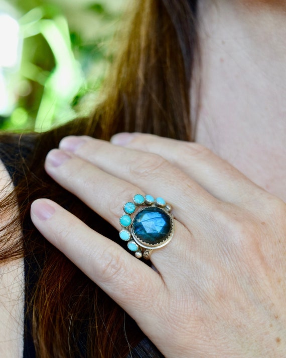 Labradorite Turquoise Halo Ring Moonstone Ring Natural Gemstone Ring Crown Ring Boho Jewelry Multi Stone Ring Stacking Ring Layering Ring