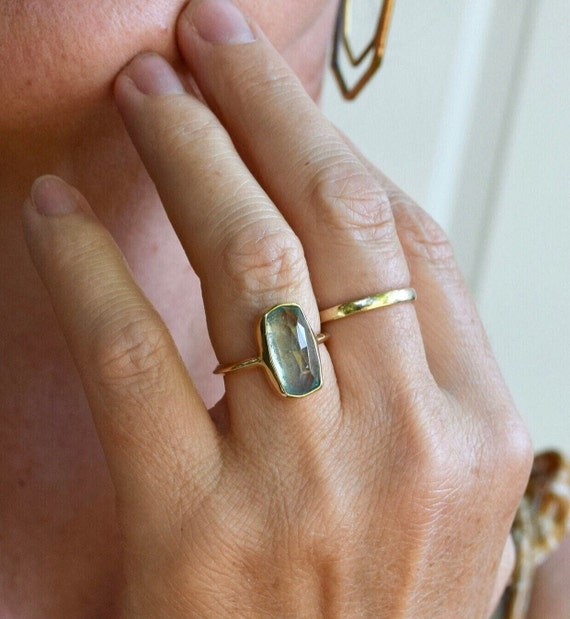 Aquamarine Ring Gold, Aquamarine Ring Silver, Kyanite Ring, March Birthstone Ring, Handmade Natural Gemstone Ring, Rectangle Rosecut Ring