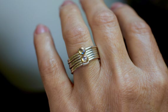 Moonstone Ring with Gold and Silver, Multi Band Ring, Multi Stone Ring, Birthstone Ring, Dainy Ring, Alternative Wedding Ring, Natural Stone