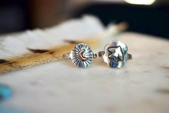 Moon Ring or Bird Ring, Handmade Signet Ring Gold or Silver: Mixed Metal Ring, Boho Jewelry, Celestial Jewelry, Meaningful Jewelry Talisman