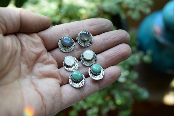 Turquoise Moonstone or Labradorite Stud Earrings Boho Jewelry Brass or Silver Post Earrings Modern Jewelry Celestial Jewelry Moon Earrings