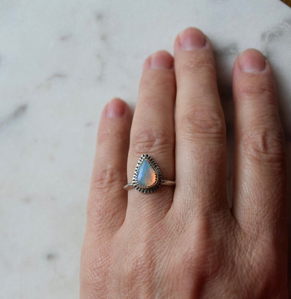 Opal Solitaire Ring Silver or 14k Gold Opal Pear Alternative Engagement Ring Welo Opal Wedding Rings Bohemian Unique Rings Hand stamped Ring