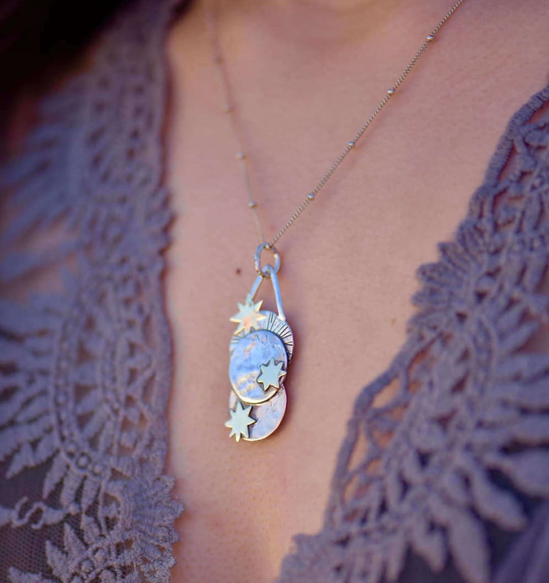 Sterling Silver Moon Phase Pendant Necklace With Gemstone Details ...