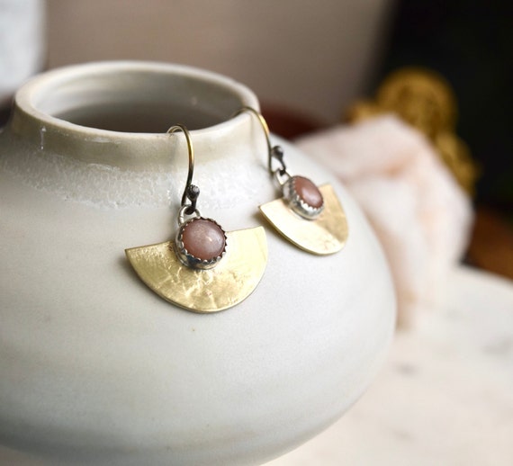 Gold or Silver Half Moon Dangle Earrings with Moonstone or Turquoise, Handmade Celestial Earring, Boho Jewelry, Natural Gemstone Jewelry
