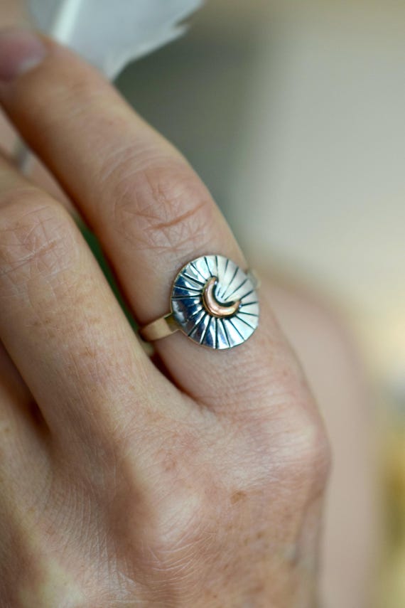 Personalized Signet Ring in Gold or Silver: Moon Ring, Bird Ring, Mixed Metal Signet Ring, Boho Jewelry, Holiday Gift, Customized Jewelry