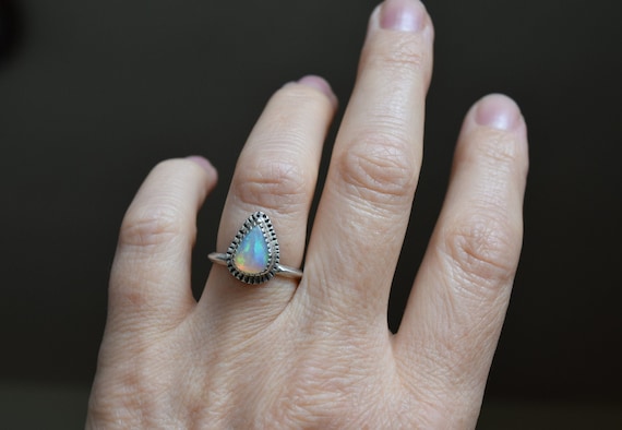 Opal Solitaire Ring Silver or 14k Gold Opal Pear Alternative Engagement Ring Welo Opal Wedding Rings Bohemian Unique Rings Hand stamped Ring