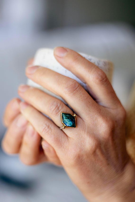 Labradorite Hexagon Ring in Gold or Sterling Silver,  Solitaire Ring, Natural Gemstone Ring, Alternative Engagement Ring, Unique Jewelry