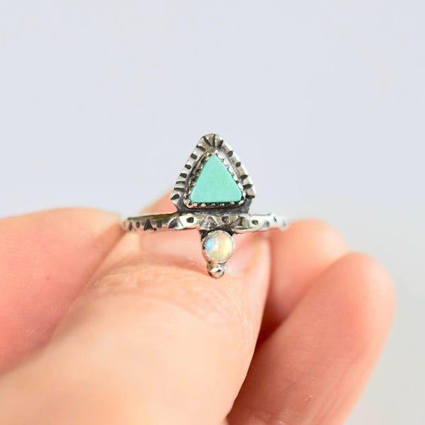 Sterling Silver Turquoise Triangle Ring with Moonstone, Handmade Turquoise Jewelry, Moonstone Ring, Boho Jewelry, Dainty Ring, Holiday Gift