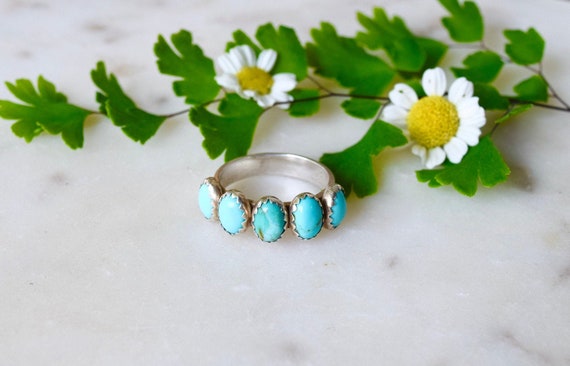 Turquoise Ring Sterling Multi Stone Silver Ring Five Stone Ring Natural Stone Boho Stacking Ring Layering Ring Gemstone Birthstone Ring