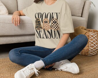 T-shirt fantômes pour la saison d'Halloween | Trio de fantômes léopard, camouflage et damier
