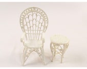 Miniature White Wicker Fan Back Chair and Side Table for Dollhouse or Room Box E185