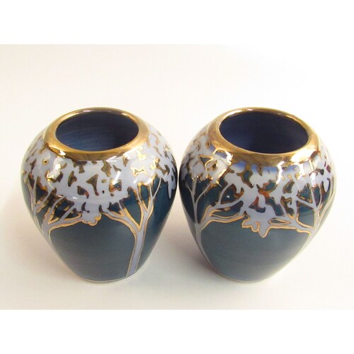 Art Nouveau Style shops Studio Pottery Vase Pair Tree Design Gold Trimmed B237