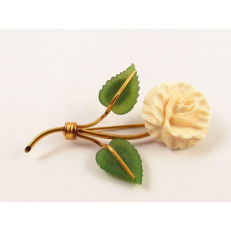 White Celluloid Flower Brooch with Faux Jade Leaves Signed HCA 120 12K GF JA7 017
