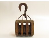 Vintage Triple Block and Tackle Wooden Pulley Country Industrial Farmhouse J008