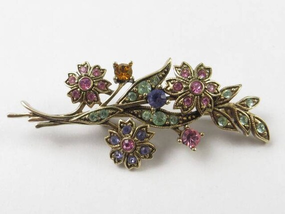 SELOVO Vintage Green Leaf Bouquet Rhinestone Brooch Pin - Antiqued Gold Tone, 2.7x2 Inch - View #5