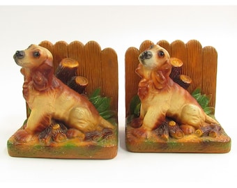 Vintage Chalkware Cocker Spaniel Dog Bookends E168