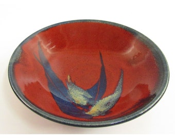 Vintage Studio Art Pottery Bowl Deep Red and Blue Glaze 9.25" J598