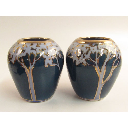 Art Nouveau Style shops Studio Pottery Vase Pair Tree Design Gold Trimmed B237