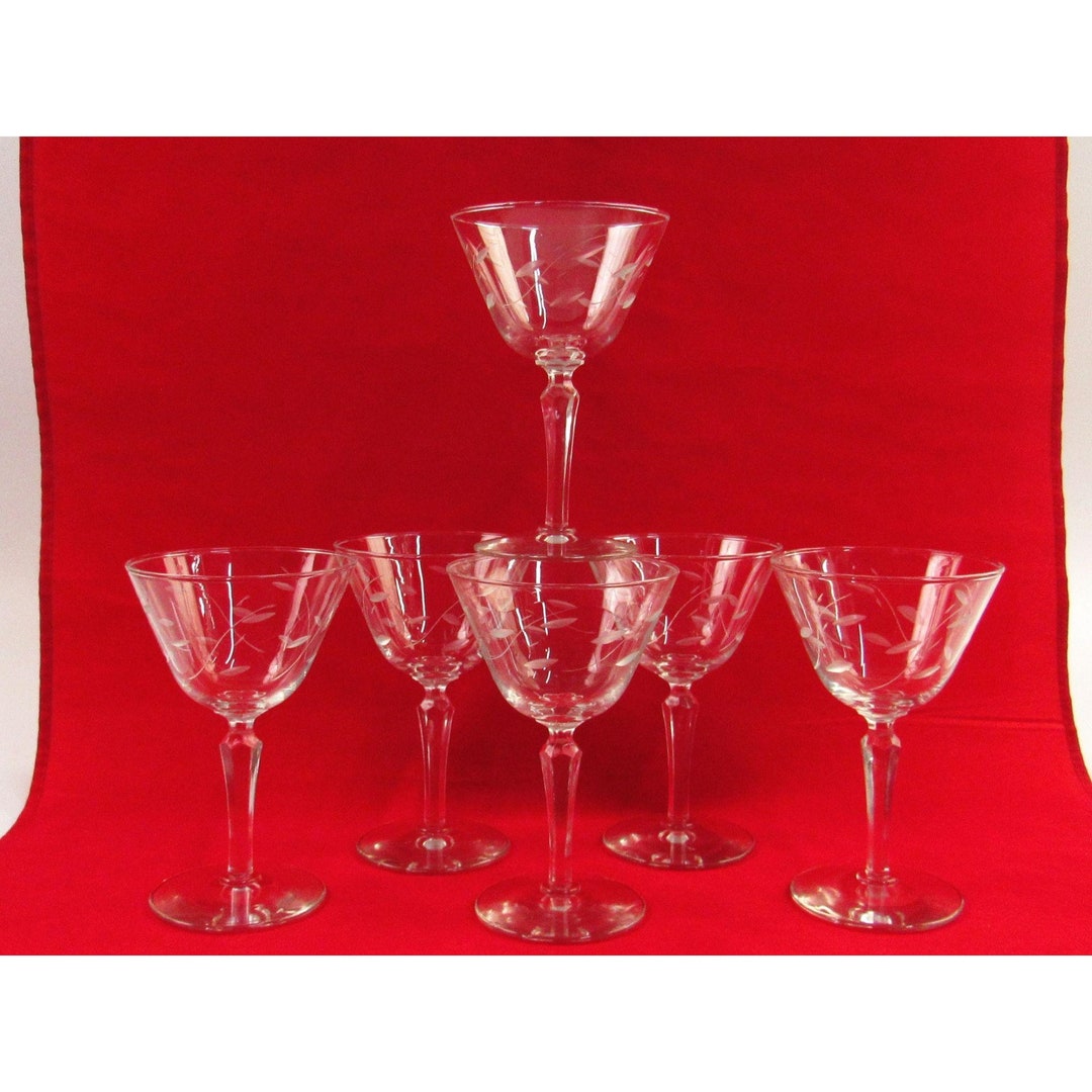 Mid Century Etched Crystal Wines With Delicate Leaf Garland, Set of 6