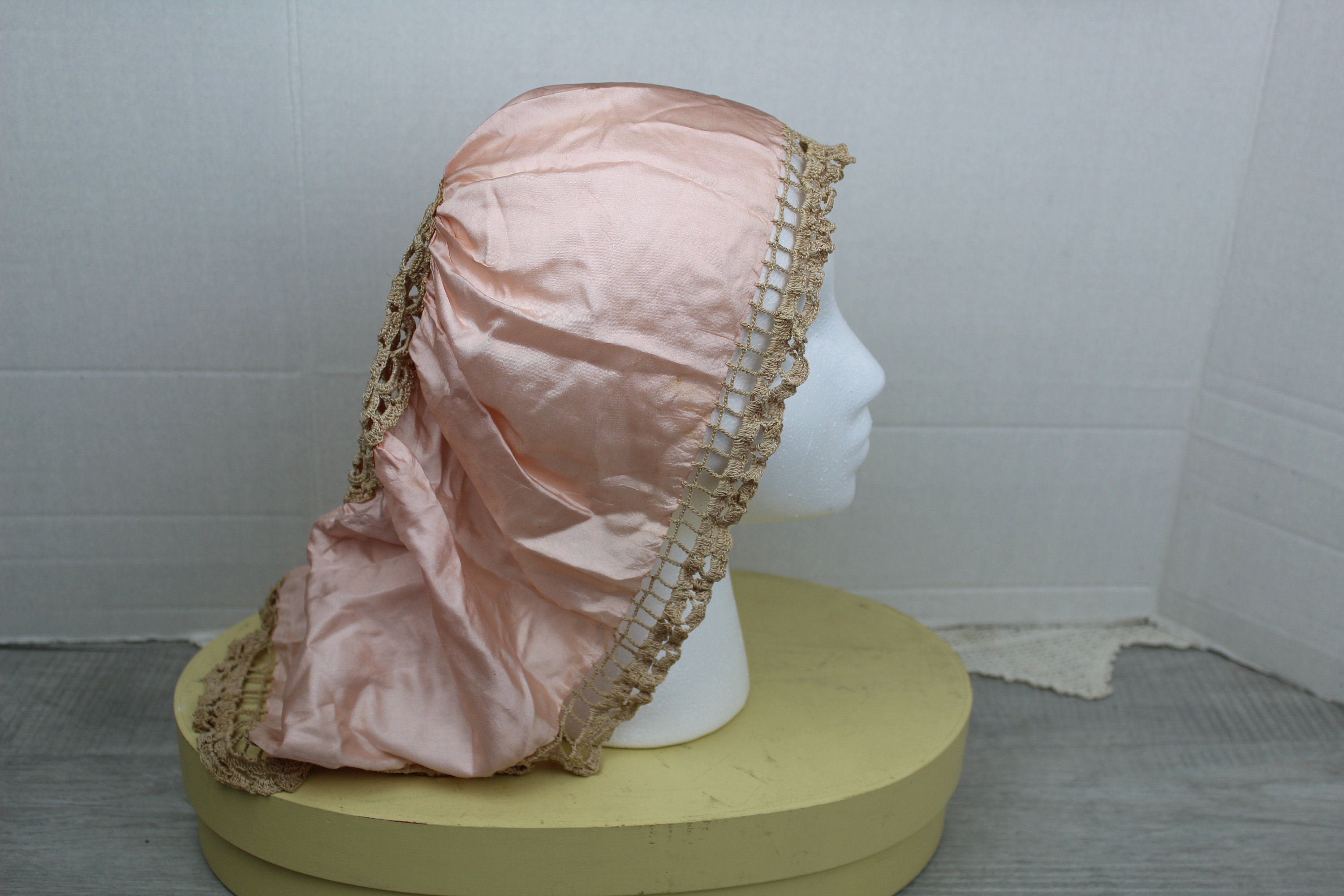 Antique Sleep Bonnet Pink Crochet Lace and Satin Wedding Cap 