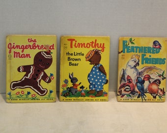 3 Vintage Rand McNally Junior Elf Children Books Timothy Gingerbread Man Birds First ED