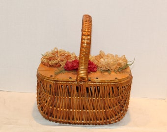 Basket Purse Handbag Wicker Wood Paper Flowers Handle Vintage  Boho Storage Cottagecore