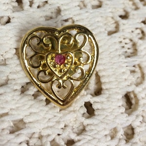 Vintage Heart Lapel Pin Brooch Gold Tone with Rhinestone Center Pink image 1