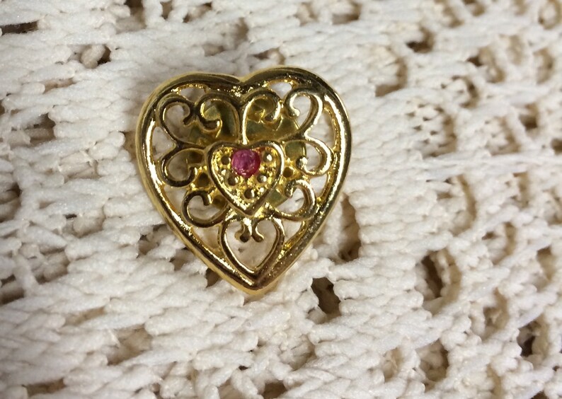 Vintage Heart Lapel Pin Brooch Gold Tone with Rhinestone Center Pink image 1