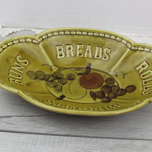 Vintage Bread Serving Bowl Avocado Green Seventies Style Rolls Bisquits Oval Bowl Fruit Decoration