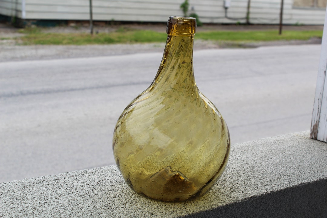 Mid Century Glass Bottle Decanter Hand Blown Amber Color Ovoid Shape Bulbous Swirl Glass Pontil