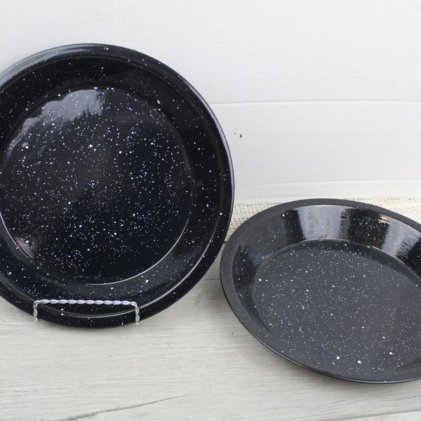 Enamelware Pie Plates Dinner Camping Plates Set of 2 Black Speckled Farmhouse