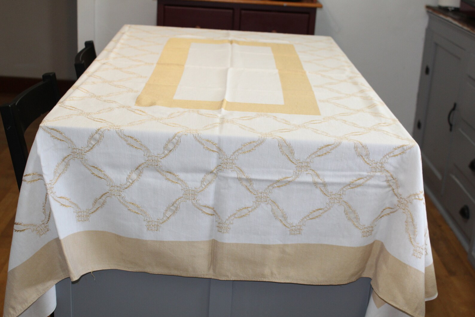 Vintage Tablecloth Ecru & Gold Damask Cottage Chic With Linen Etsy