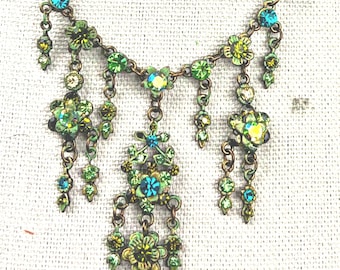 Vintage Green Rhinestone Bib Lavalier Festoon Necklace Multi Tiered Draping B.L.V.