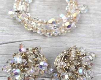 Vintage Crystal  Bracelet and Earrings with Rhinestones Mid Century
